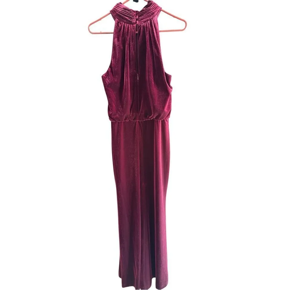 Eliza J. Luxurious Mock Neck Strapless Velvet Blouson Gown in Deep Wine Size 10